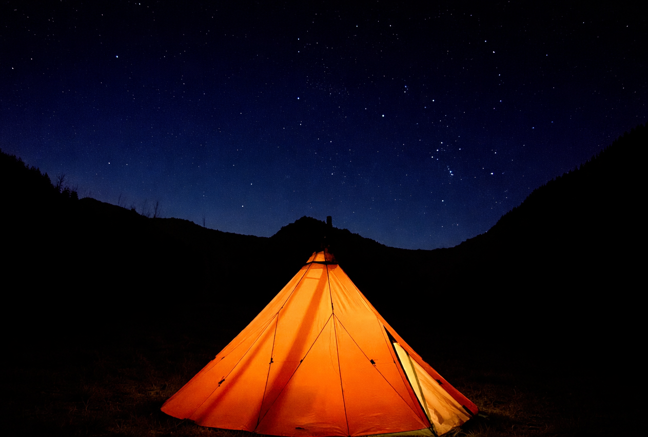 A lit tent under a starry night sky